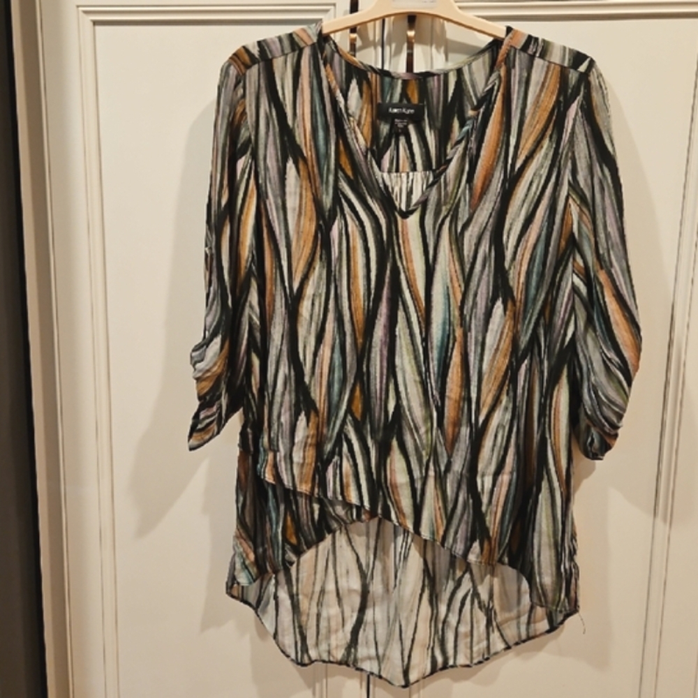 Karen Kane Multicolor‎ High Low Blouse - Black, Green, Orange Career Office